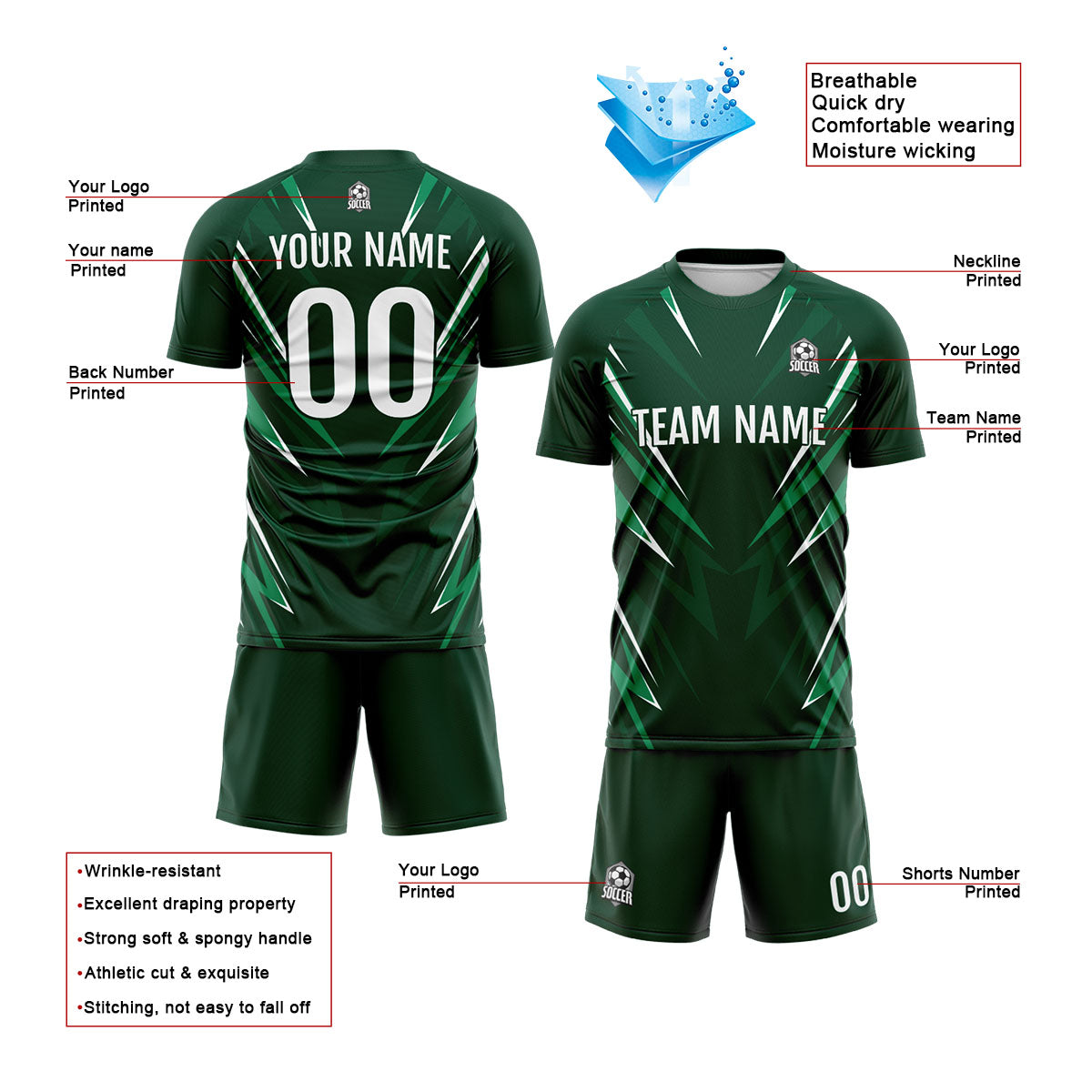 Benutzerdefinierte Drak Grün Fußball Trikots für Männer Frauen Personalisierte Fußball Uniformen für Erwachsene und Kind