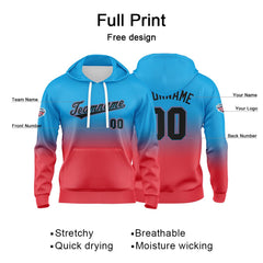 Benutzerdefinierter Verlauf Hoodie für Mann, Frau, Mädchen, Junge. Drucken Sie Ihr Logo, Ihren Namen und Ihre Nummer Blau Rot