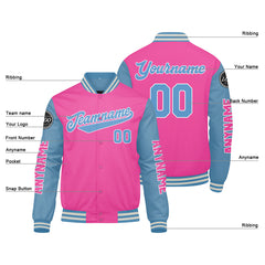 Maßgeschneiderte Rosa Hellblau Letterman Varsity Jacket Individuelle Stickerei Druck nach Ihrem Wunsch