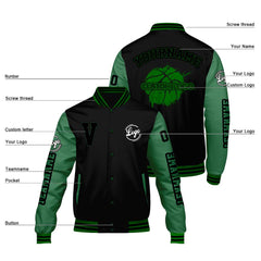 Maßgeschneiderte Schwarzes Gras Grün Letterman Varsity Jacket Individuelle Stickerei Druck nach Ihrem Wunsch