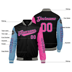 Maßgeschneiderte Schwarz Hellblau Rosa Letterman Varsity Jacket Individuelle Stickerei Druck nach Ihrem Wunsch