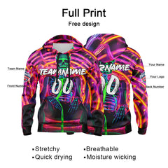 Benutzerdefinierter Sweatshirt-Hoodie für Mann, Frau, Mädchen, Junge. Drucken Sie Ihr Logo, Ihren Namen und Ihre Nummer Neon Skelett