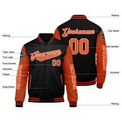 Maßgeschneiderte Schwarz Orange Letterman Varsity Jacket Individuelle Stickerei Druck nach Ihrem Wunsch