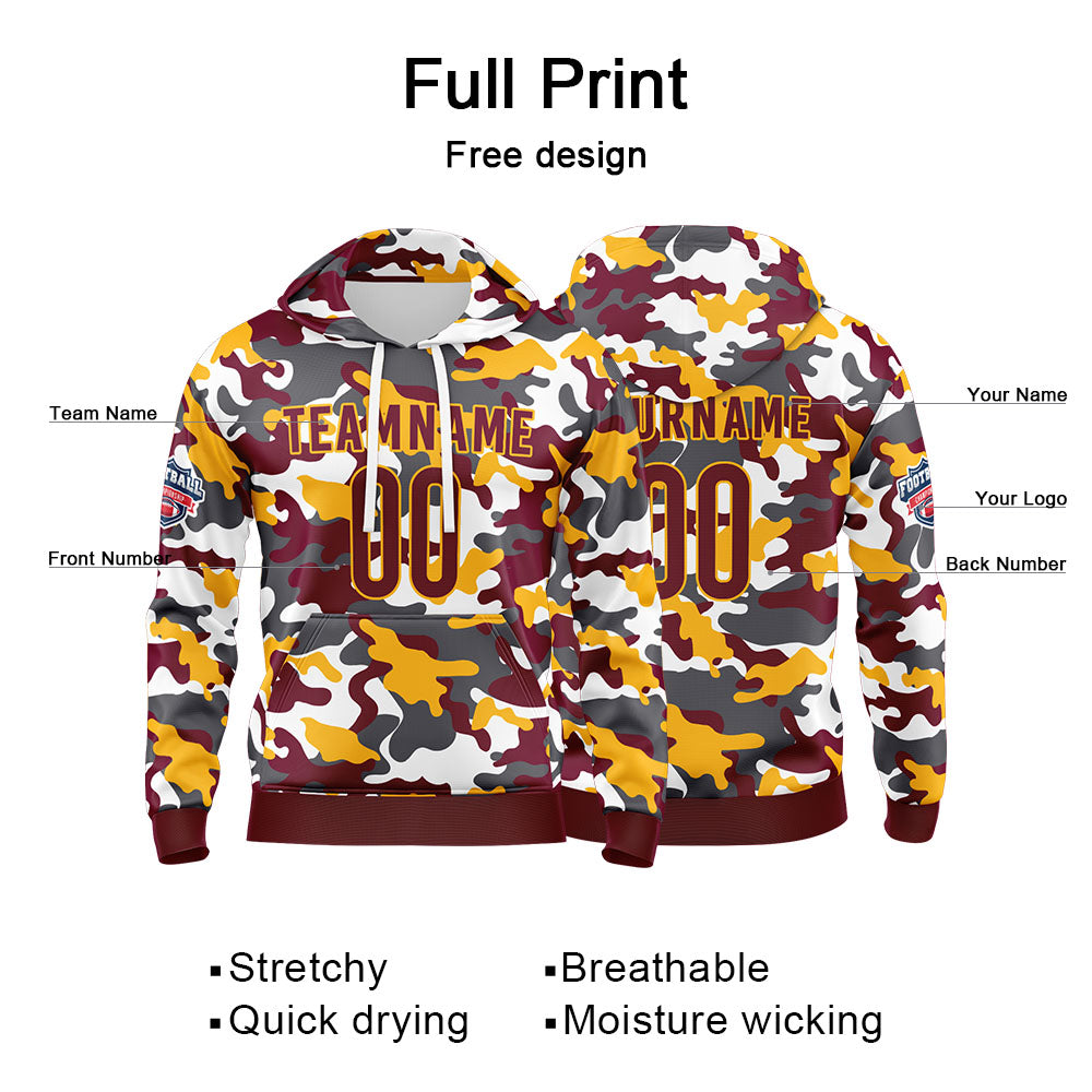 Benutzerdefinierter Sweatshirt-Hoodie für Mann, Frau, Mädchen, Junge. Drucken Sie Ihr Logo, Ihren Namen und Ihre Nummer Gelb-Burgund