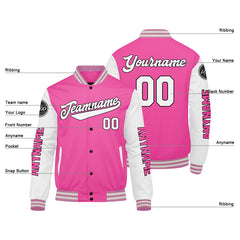 Maßgeschneiderte Rosa Weiß Letterman Varsity Jacket Individuelle Stickerei Druck nach Ihrem Wunsch