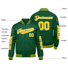 Maßgeschneiderte Grün Gelb Letterman Varsity Jacket Individuelle Stickerei Druck nach Ihrem Wunsch