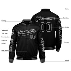 Maßgeschneiderte Schwarz Grau Letterman Varsity Jacket Individuelle Stickerei Druck nach Ihrem Wunsch