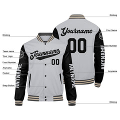 Maßgeschneiderte Grau Schwarz Creme Letterman Varsity Jacket Individuelle Stickerei Druck nach Ihrem Wunsch