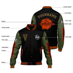 Maßgeschneiderte Schwarz Olivengrün Letterman Varsity Jacket Individuelle Stickerei Druck nach Ihrem Wunsch