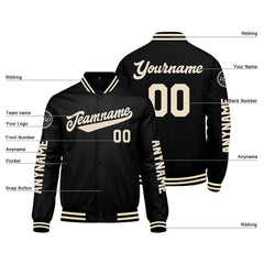Maßgeschneiderte Schwarz Creme Letterman Varsity Jacket Individuelle Stickerei Druck nach Ihrem Wunsch