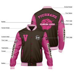Maßgeschneiderte Braun Rosa Letterman Varsity Jacket Individuelle Stickerei Druck nach Ihrem Wunsch