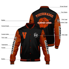 Maßgeschneiderte Schwarzes Langweilig Orange Letterman Varsity Jacket Individuelle Stickerei Druck nach Ihrem Wunsch