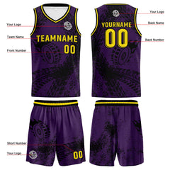 Benutzerdefinierter Lila Gelb Basketball Jersey Uniform Anzug gedruckt Ihr Logo Name Nummer