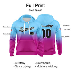 Benutzerdefinierter Verlauf Hoodie für Mann, Frau, Mädchen, Junge. Drucken Sie Ihr Logo, Ihren Namen und Ihre Nummer Hellblau Rosa Lila