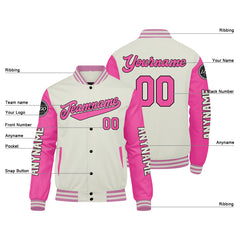 Maßgeschneiderte Creme Rosa Letterman Varsity Jacket Individuelle Stickerei Druck nach Ihrem Wunsch