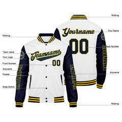 Maßgeschneiderte Marine Weiß Gelb Letterman Varsity Jacket Individuelle Stickerei Druck nach Ihrem Wunsch