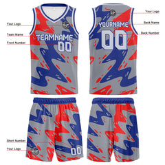 Benutzerdefinierte Grau Blau Rot Reversible Basketball Jersey Personalisierte Print Name Nummer Logo