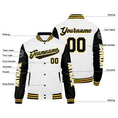 Maßgeschneiderte Schwarz Weiß Gelb Letterman Varsity Jacket Individuelle Stickerei Druck nach Ihrem Wunsch