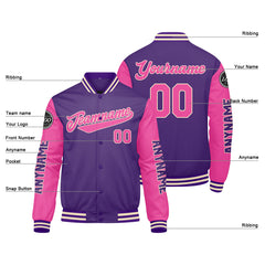 Maßgeschneiderte Lila Rosa Letterman Varsity Jacket Individuelle Stickerei Druck nach Ihrem Wunsch