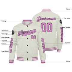 Maßgeschneiderte Creme Rosa Letterman Varsity Jacket Individuelle Stickerei Druck nach Ihrem Wunsch
