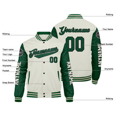 Maßgeschneiderte Grüne Creme Letterman Varsity Jacket Individuelle Stickerei Druck nach Ihrem Wunsch