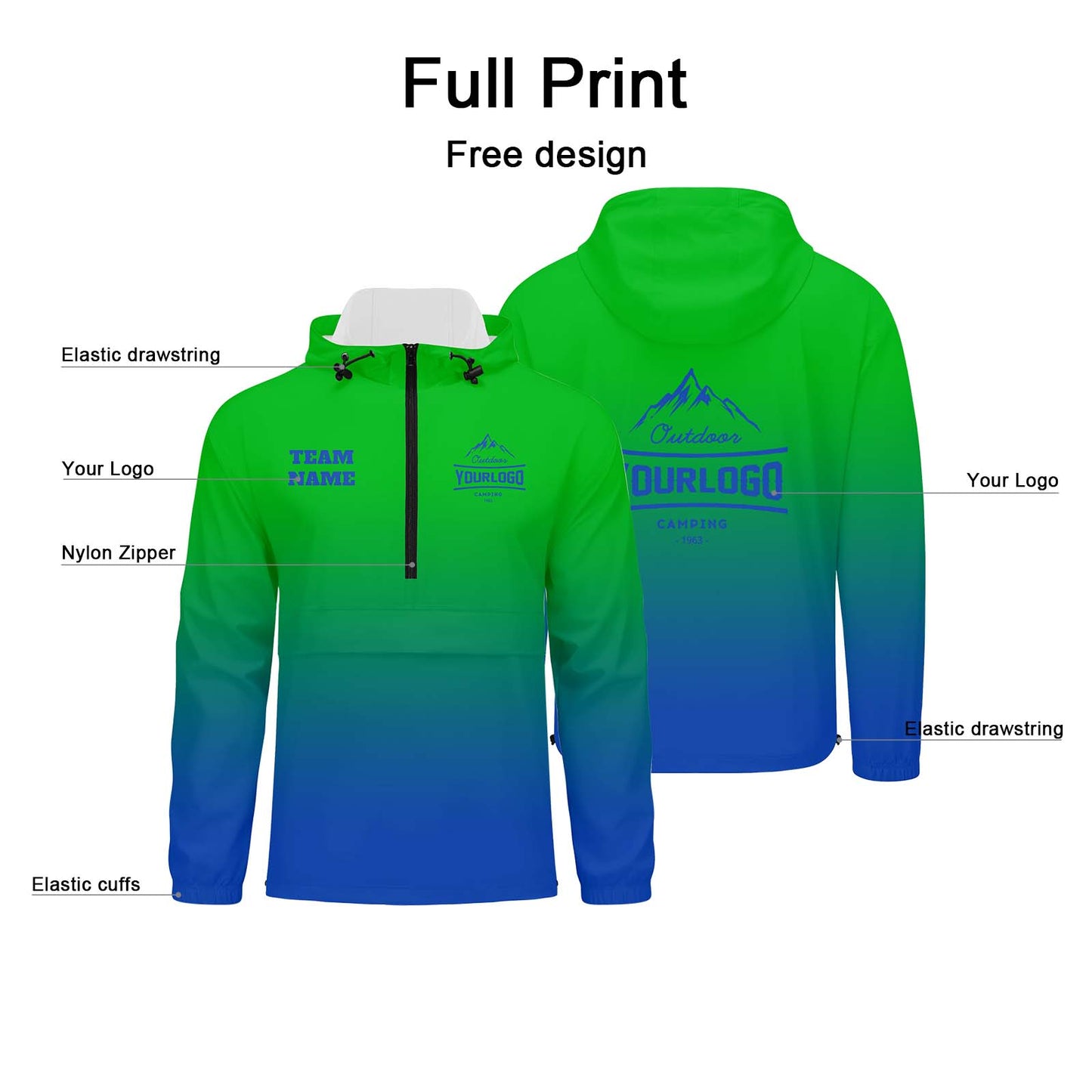 Anpassbare Grün Blau Winddichte Softshell Kapuzenjacke - Vollverschluss, Logo- & Text-Druck