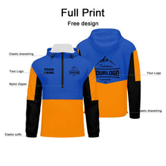 Anpassbare Blau Orange Schwarz Winddichte Softshell Kapuzenjacke - Vollverschluss, Logo- & Text-Druck