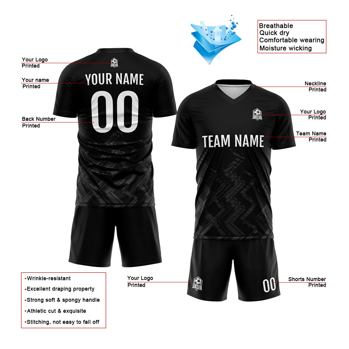 Benutzerdefinierte Schwarz Grau Fußball Trikots für Männer Frauen Personalisierte Fußball Uniformen für Erwachsene und Kind