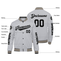 Maßgeschneiderte Grau Schwarz Letterman Varsity Jacket Individuelle Stickerei Druck nach Ihrem Wunsch