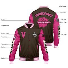 Maßgeschneiderte Braune Rosa Letterman Varsity Jacket Individuelle Stickerei Druck nach Ihrem Wunsch
