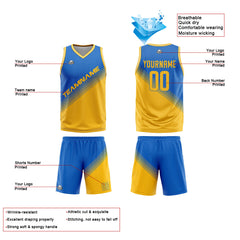 Benutzerdefinierte Blau Gelb Reversible Basketball Jersey Personalisierte Print Name Nummer Logo