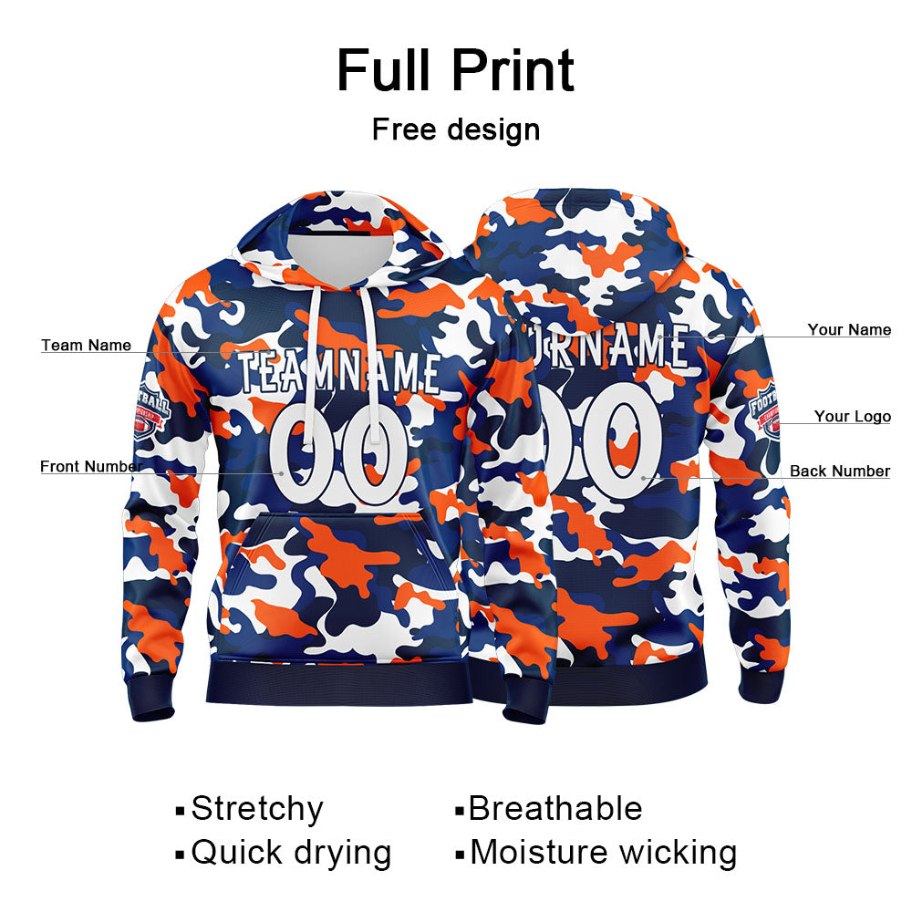 Benutzerdefinierter Sweatshirt-Hoodie für Mann, Frau, Mädchen, Junge. Drucken Sie Ihr Logo, Ihren Namen und Ihre Nummer Orange-Marine