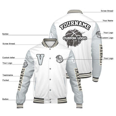 Maßgeschneiderte Weiß Grau Letterman Varsity Jacket Individuelle Stickerei Druck nach Ihrem Wunsch