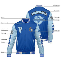 Maßgeschneiderte Königliches Löwenblau Letterman Varsity Jacket Individuelle Stickerei Druck nach Ihrem Wunsch