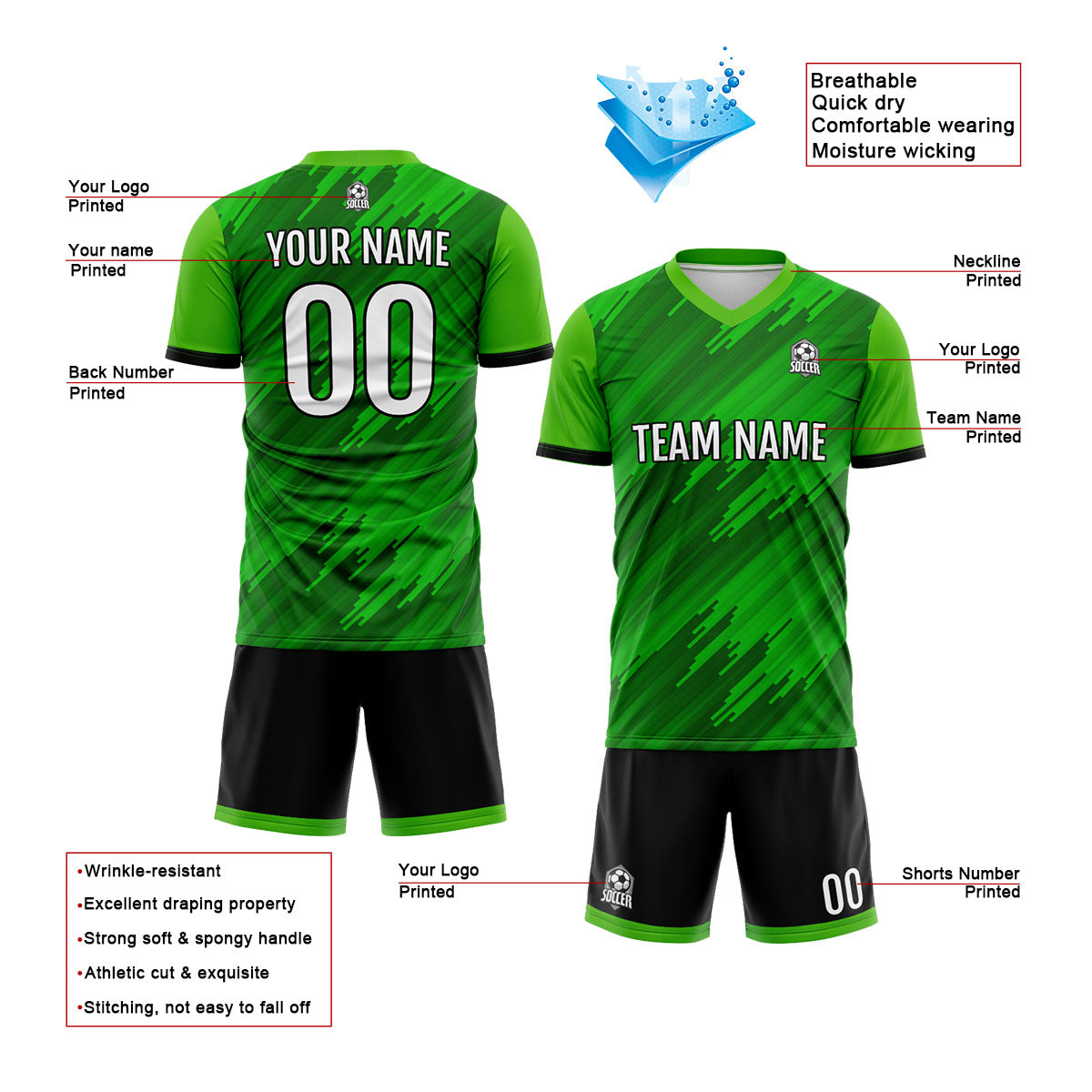 Benutzerdefinierte Grün Fußball Trikots für Männer Frauen Personalisierte Fußball Uniformen für Erwachsene und Kind