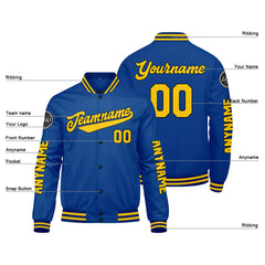 Maßgeschneiderte Königliche Gelb Letterman Varsity Jacket Individuelle Stickerei Druck nach Ihrem Wunsch