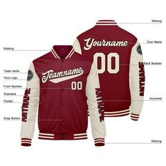 Maßgeschneiderte Crimson Creme Letterman Varsity Jacket Individuelle Stickerei Druck nach Ihrem Wunsch