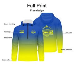 Anpassbare Blau Gelb Winddichte Softshell Kapuzenjacke - Vollverschluss, Logo- & Text-Druck