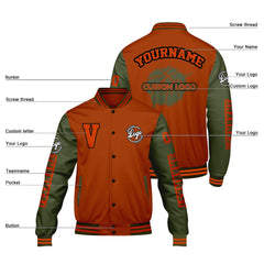 Maßgeschneiderte Orange Olivengrün Letterman Varsity Jacket Individuelle Stickerei Druck nach Ihrem Wunsch