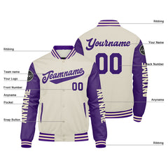 Maßgeschneiderte Lila Creme Letterman Varsity Jacket Individuelle Stickerei Druck nach Ihrem Wunsch
