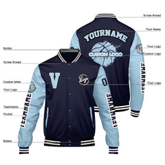 Maßgeschneiderte Marine Löwenblau Letterman Varsity Jacket Individuelle Stickerei Druck nach Ihrem Wunsch