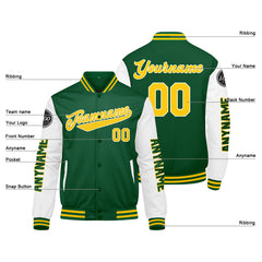 Maßgeschneiderte Grün Gelb Weiß Letterman Varsity Jacket Individuelle Stickerei Druck nach Ihrem Wunsch
