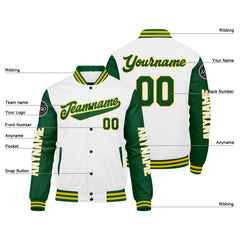 Maßgeschneiderte Grün Gelb Weiß Letterman Varsity Jacket Individuelle Stickerei Druck nach Ihrem Wunsch