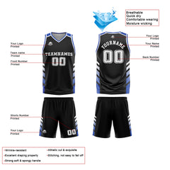 Benutzerdefinierter Schwarz Blau Basketball Jersey Uniform Anzug gedruckt Ihr Logo Name Nummer