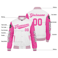 Maßgeschneiderte Weiß Rosa Letterman Varsity Jacket Individuelle Stickerei Druck nach Ihrem Wunsch