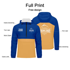 Anpassbare Blau Hellorange Winddichte Softshell Kapuzenjacke - Vollverschluss, Logo- & Text-Druck