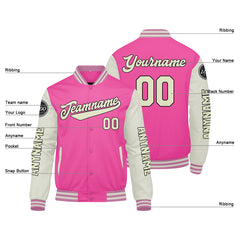 Maßgeschneiderte Rosa Creme Letterman Varsity Jacket Individuelle Stickerei Druck nach Ihrem Wunsch