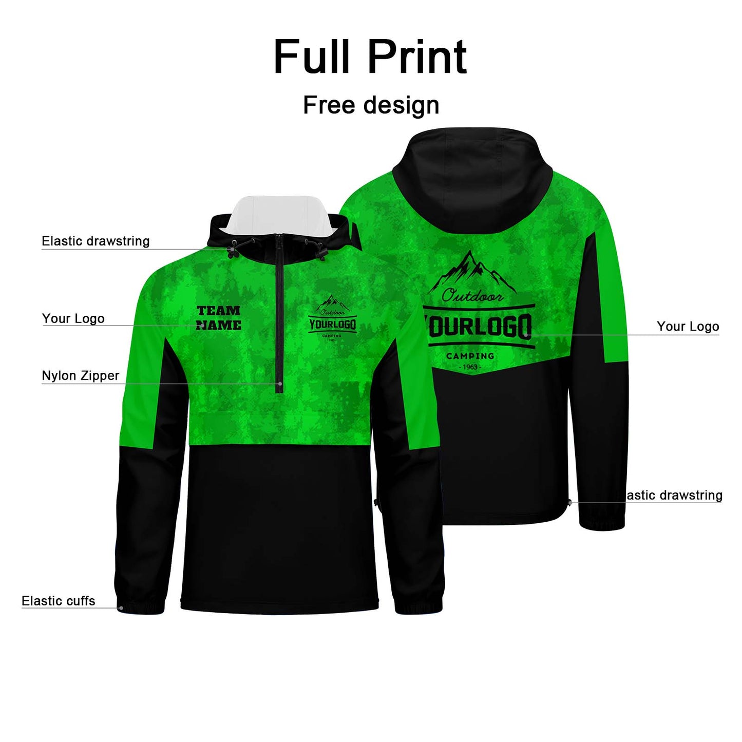 Anpassbare Grün Tarnung Winddichte Softshell Kapuzenjacke - Vollverschluss, Logo- & Text-Druck