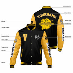 Maßgeschneiderte Schwarzes Gelb Letterman Varsity Jacket Individuelle Stickerei Druck nach Ihrem Wunsch