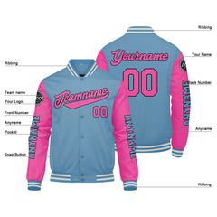 Maßgeschneiderte Hellblau Rosa Letterman Varsity Jacket Individuelle Stickerei Druck nach Ihrem Wunsch